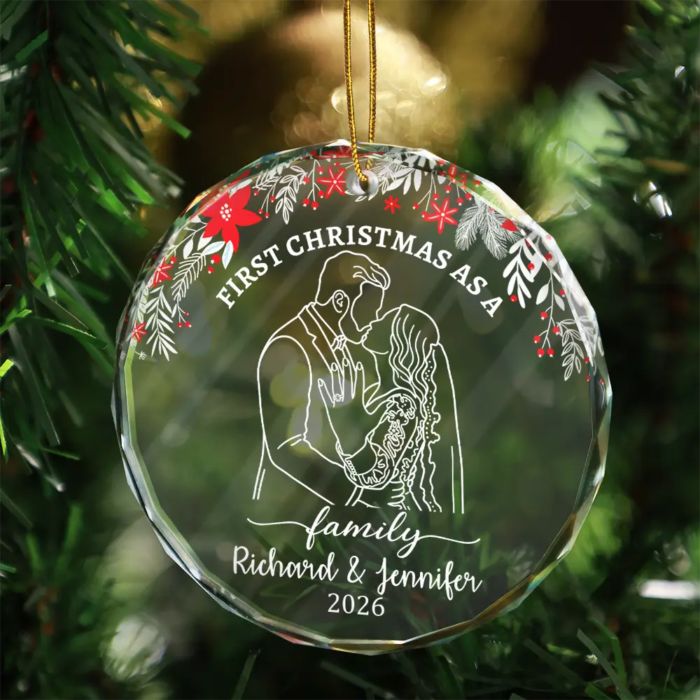Art Design,Christmas,Married Couple,Romantic,Gift For Couples,Photo - Faceless Outline Sketch - Custom Photo Faceless Outline Sketch First Christmas As Mr. & Mrs. - Personalized Circle Glass Ornament