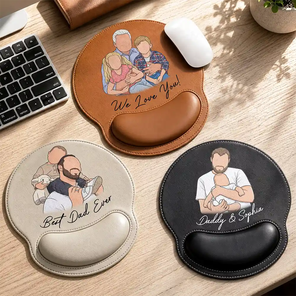 Gift For Father,Custom Photo,Art Design,Sentimental,Photo - Faceless Portrait - Custom Photo Faceless Portrait We Love You Best Dad Papa Ever - Personalized Leather Mouse Pad