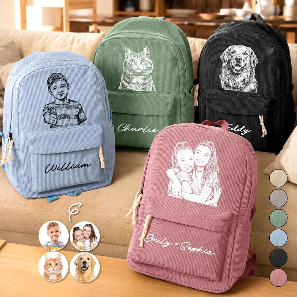Back To School, Custom Photo, Art Design, Family, Confident, Photo - Pencil Sketch - Bold - Custom Photo Family Besties Dog Cat Portrait Pencil Sketch - Personalized Corduroy Backpack