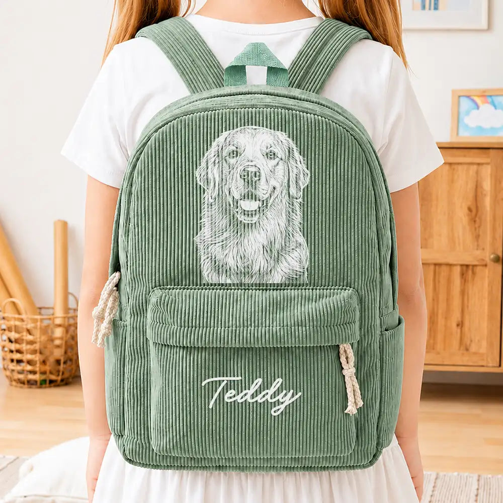 Back To School, Custom Photo, Art Design, Family, Confident, Photo - Pencil Sketch - Bold - Custom Photo Family Besties Dog Cat Portrait Pencil Sketch - Personalized Corduroy Backpack