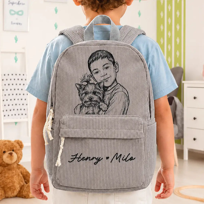 Back To School, Custom Photo, Art Design, Family, Confident, Photo - Pencil Sketch - Bold - Custom Photo Family Besties Dog Cat Portrait Pencil Sketch - Personalized Corduroy Backpack