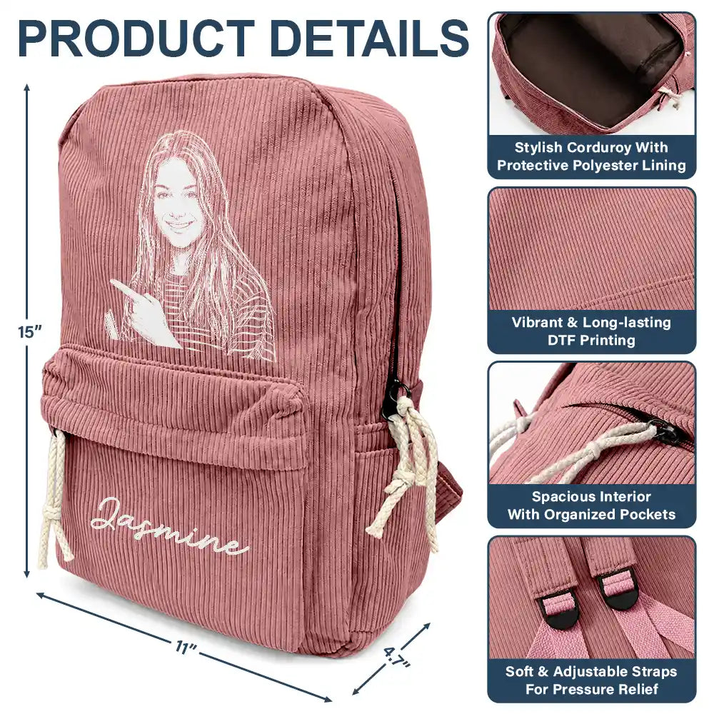 Back To School, Custom Photo, Art Design, Family, Confident, Photo - Pencil Sketch - Bold - Custom Photo Family Besties Dog Cat Portrait Pencil Sketch - Personalized Corduroy Backpack