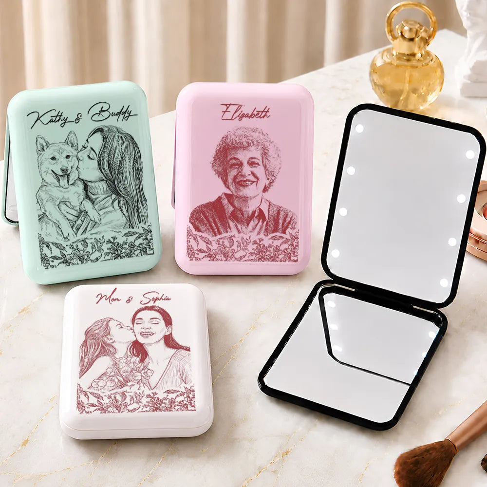 Gift For Yourself, Gift For Women, Custom Photo, Art Design, Sentimental, Photo - Pencil Sketch - Remove BG - Custom Photo Family Couple Pet Pencil Sketch Toile De Jouy - Personalized LED Compact Mirror