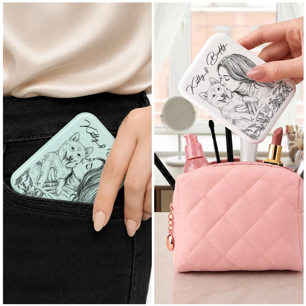 Gift For Yourself, Gift For Women, Custom Photo, Art Design, Sentimental, Photo - Pencil Sketch - Remove BG - Custom Photo Family Couple Pet Pencil Sketch Toile De Jouy - Personalized LED Compact Mirror