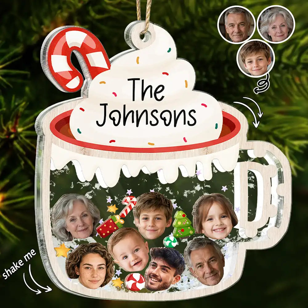 Adorable,Christmas,Custom Photo,Family,Cut-Face Photo - Custom Photo Family Face Cute Keepsake - Personalized 3-Layered Acrylic Shaker Ornament