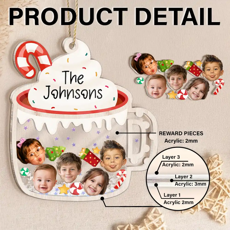 Adorable,Christmas,Custom Photo,Family,Cut-Face Photo - Custom Photo Family Face Cute Keepsake - Personalized 3-Layered Acrylic Shaker Ornament