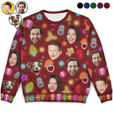 Custom Photo Family Face Neon Style Light It Up - Personalized Unisex Ugly Sweater
