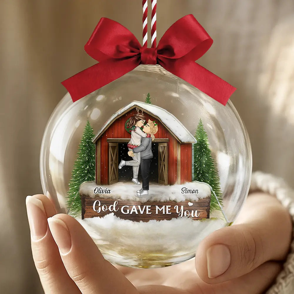 Christmas,Gift For Couples,Gift For Husband,Gift For Wife,Gift For Boyfriend,Gift For Girlfriend,Happy - God Gave Me You Couple Red Barn - Personalized 3D Acrylic Ball Ornament