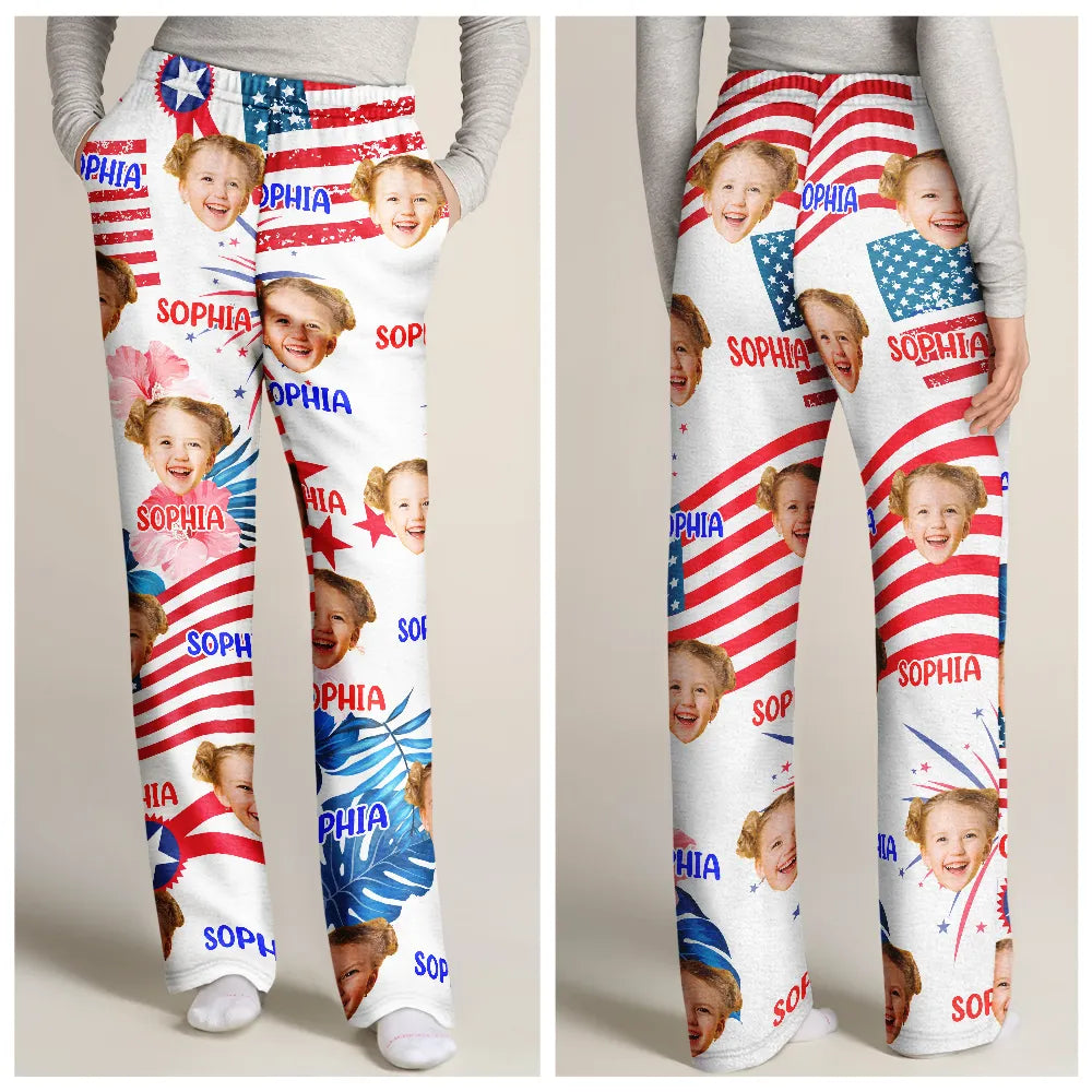 Family, Custom Photo, Independence Day, Happy - Custom Photo Family Mom Dad Pet Face America Stars And Stripes - Personalized Pajama Pants