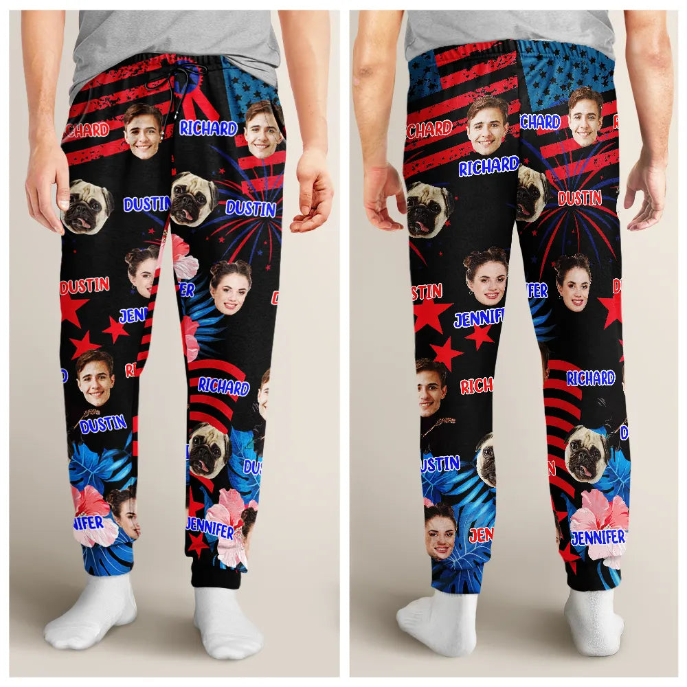 Family, Custom Photo, Independence Day, Happy - Custom Photo Family Mom Dad Pet Face America Stars And Stripes - Personalized Pajama Pants