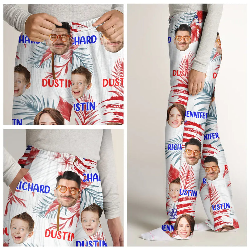 Family, Custom Photo, Independence Day, Happy - Custom Photo Family Mom Dad Pet Face America Stars And Stripes - Personalized Pajama Pants