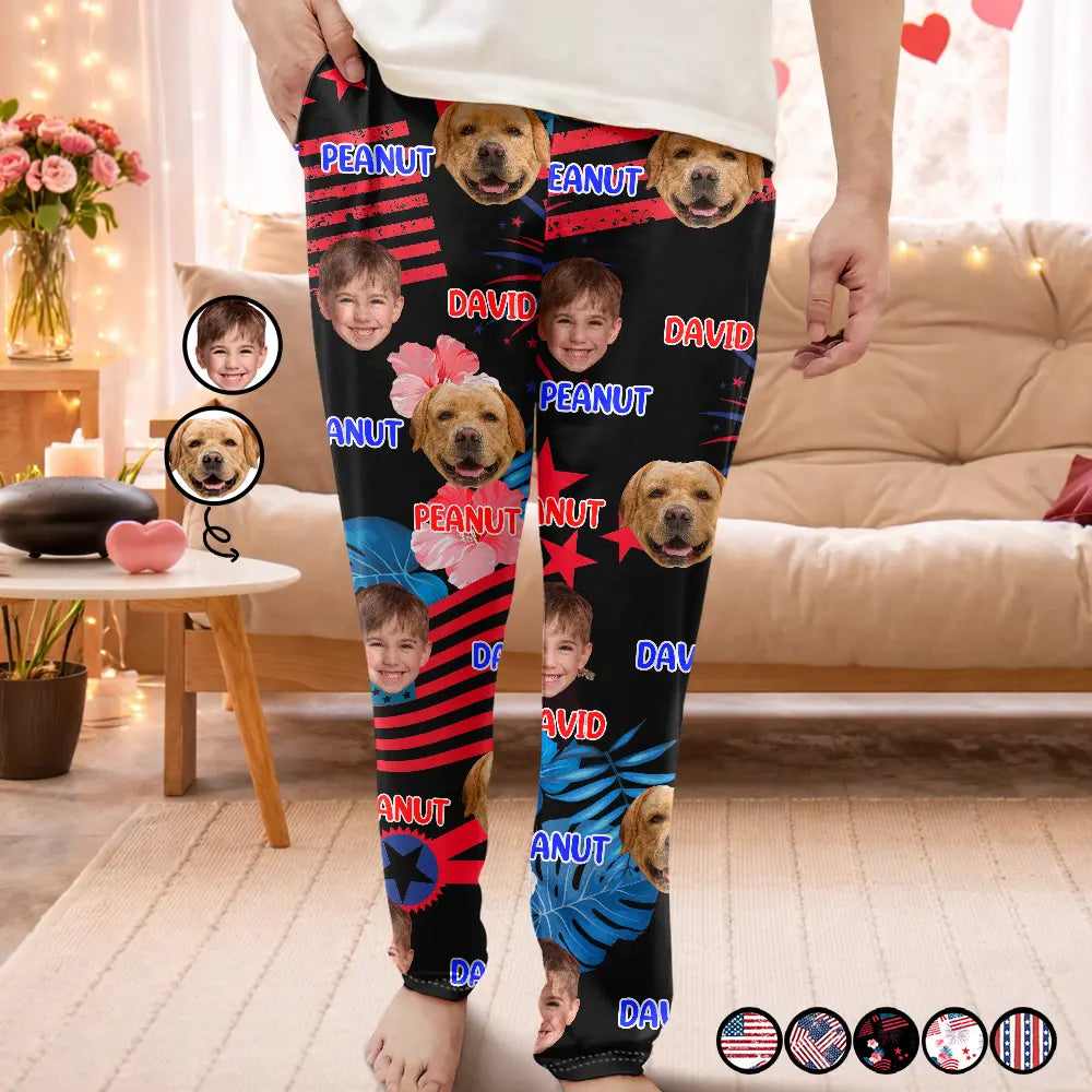 Family, Custom Photo, Independence Day, Happy - Custom Photo Family Mom Dad Pet Face America Stars And Stripes - Personalized Pajama Pants