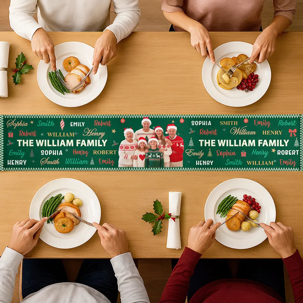 Sentimental,Christmas,Custom Photo,Family,Remove BG Photo - Custom Photo Family & Name Pattern Christmas Theme - Personalized Table Runner