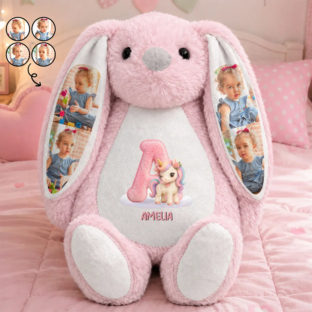 Adorable,Back To School,Gift For Kids,Icon,Photo Collage - Custom Photo Faux Embroidery Effect Chenille Animal & Alphabet Letters - Personalized Soft Toy Bunny