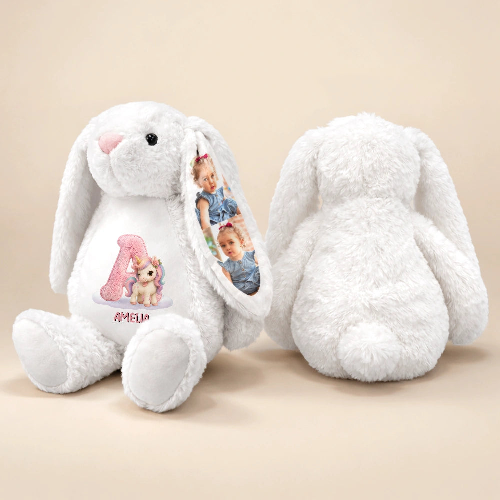 Adorable,Back To School,Gift For Kids,Icon,Photo Collage - Custom Photo Faux Embroidery Effect Chenille Animal & Alphabet Letters - Personalized Soft Toy Bunny