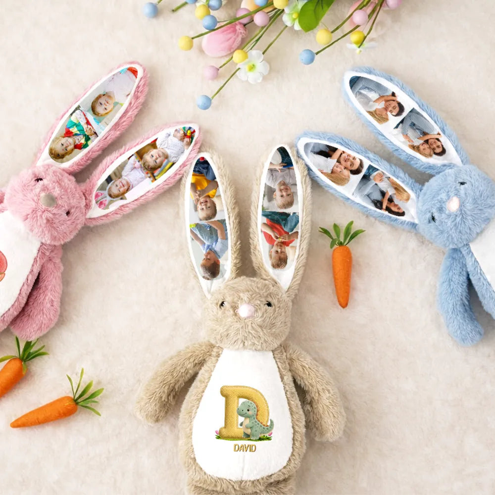 Adorable,Back To School,Gift For Kids,Icon,Photo Collage - Custom Photo Faux Embroidery Effect Chenille Animal & Alphabet Letters - Personalized Soft Toy Bunny