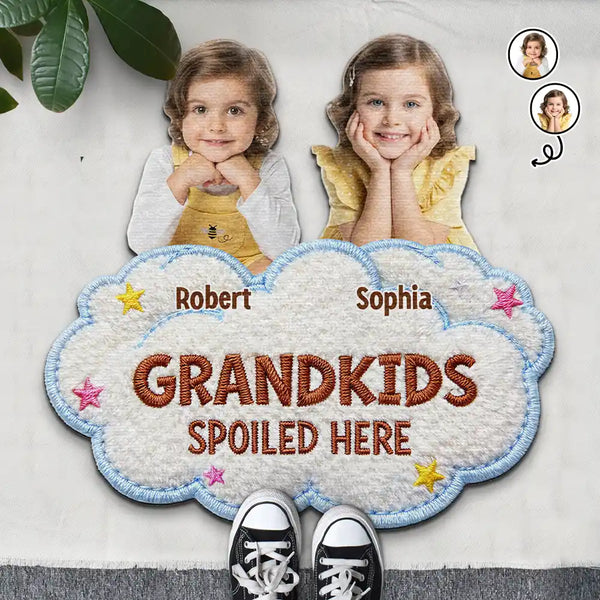 Gift For Grandma,Gift For Grandpa,Grandpa - Grandkids,Grandma - Grandkids,Gift For Women,Gift For Men,Happy,Custom Photo - Custom Photo Faux Embroidery Effect Spoiled Grandkids Live Here - Personalized Custom Shaped Doormat