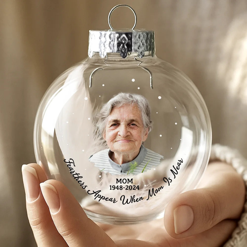 Christmas, Custom Photo, Memorial, Dad - Children, Sad - Custom Photo Feather Appears When Dad Is Near - Personalized Glass Bauble Ornament