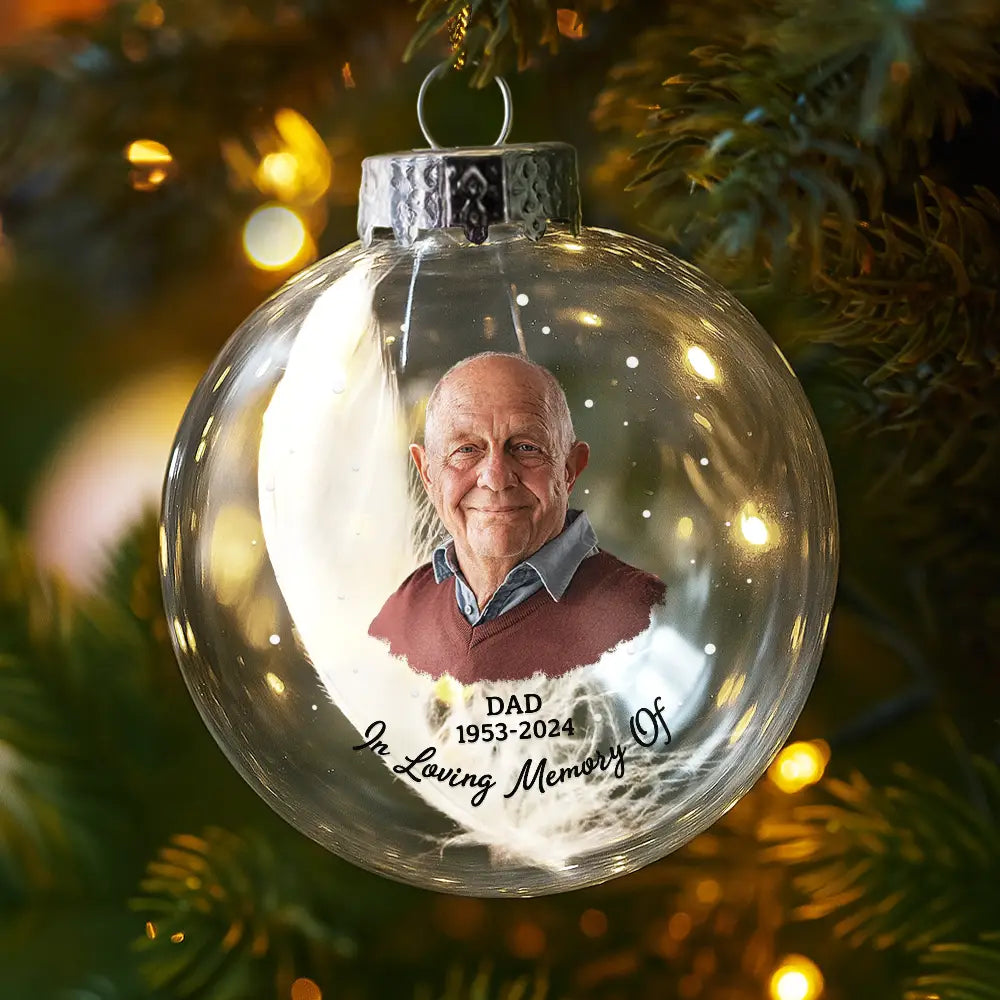 Christmas, Custom Photo, Memorial, Dad - Children, Sad - Custom Photo Feather Appears When Dad Is Near - Personalized Glass Bauble Ornament