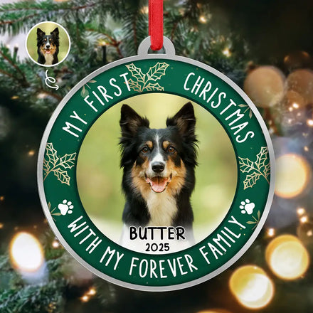 Custom Photo First Christmas Pet Lovers - Personalized Metal Ornament