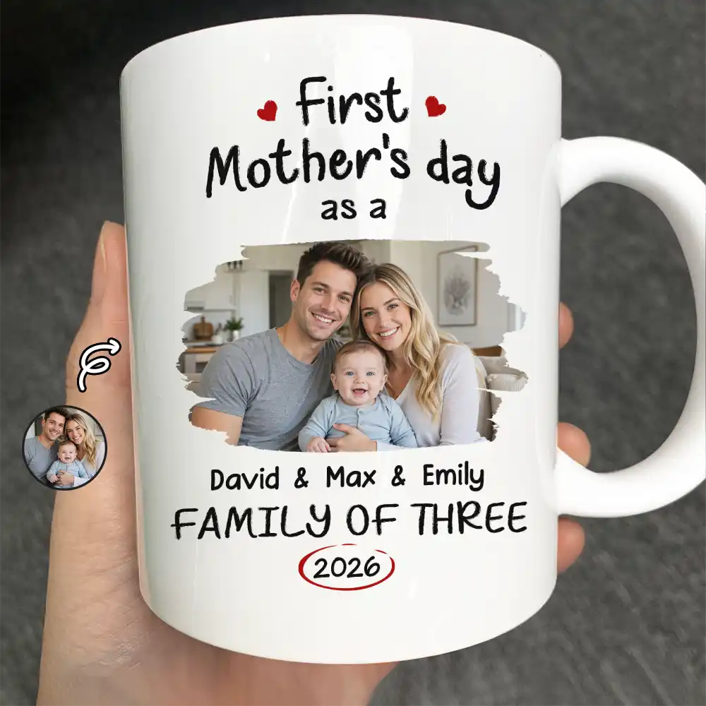 Custom Photo First Time Ever As A Family Of Three - Personalized Mug