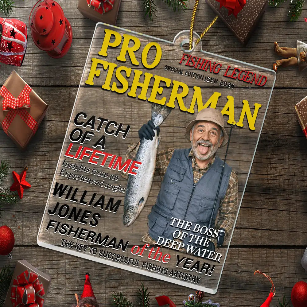 Christmas,Gift For Men,Fishing,Custom Photo,Gift For Yourself,Remove BG Photo,Happy - Custom Photo Fisherman Of The Year Gift For Dad Husband - Personalized Custom Shaped Acrylic Ornament
