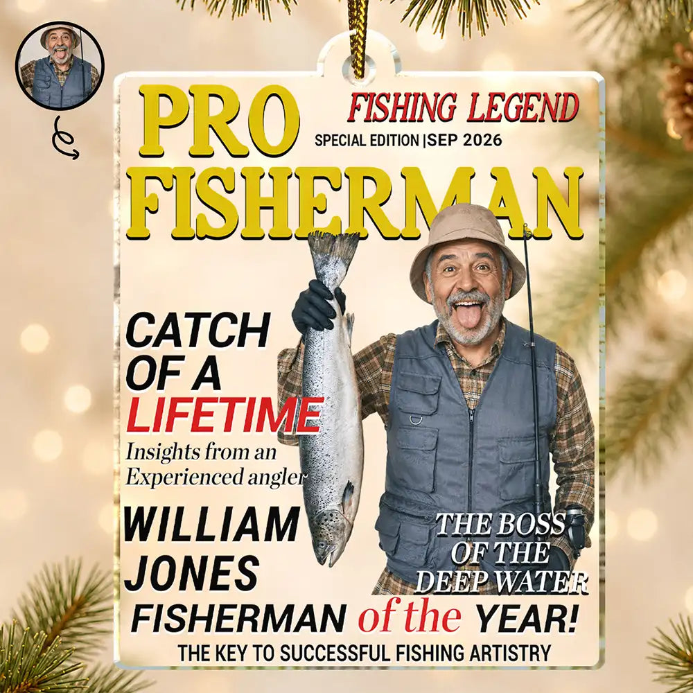 Christmas,Gift For Men,Fishing,Custom Photo,Gift For Yourself,Remove BG Photo,Happy - Custom Photo Fisherman Of The Year Gift For Dad Husband - Personalized Custom Shaped Acrylic Ornament