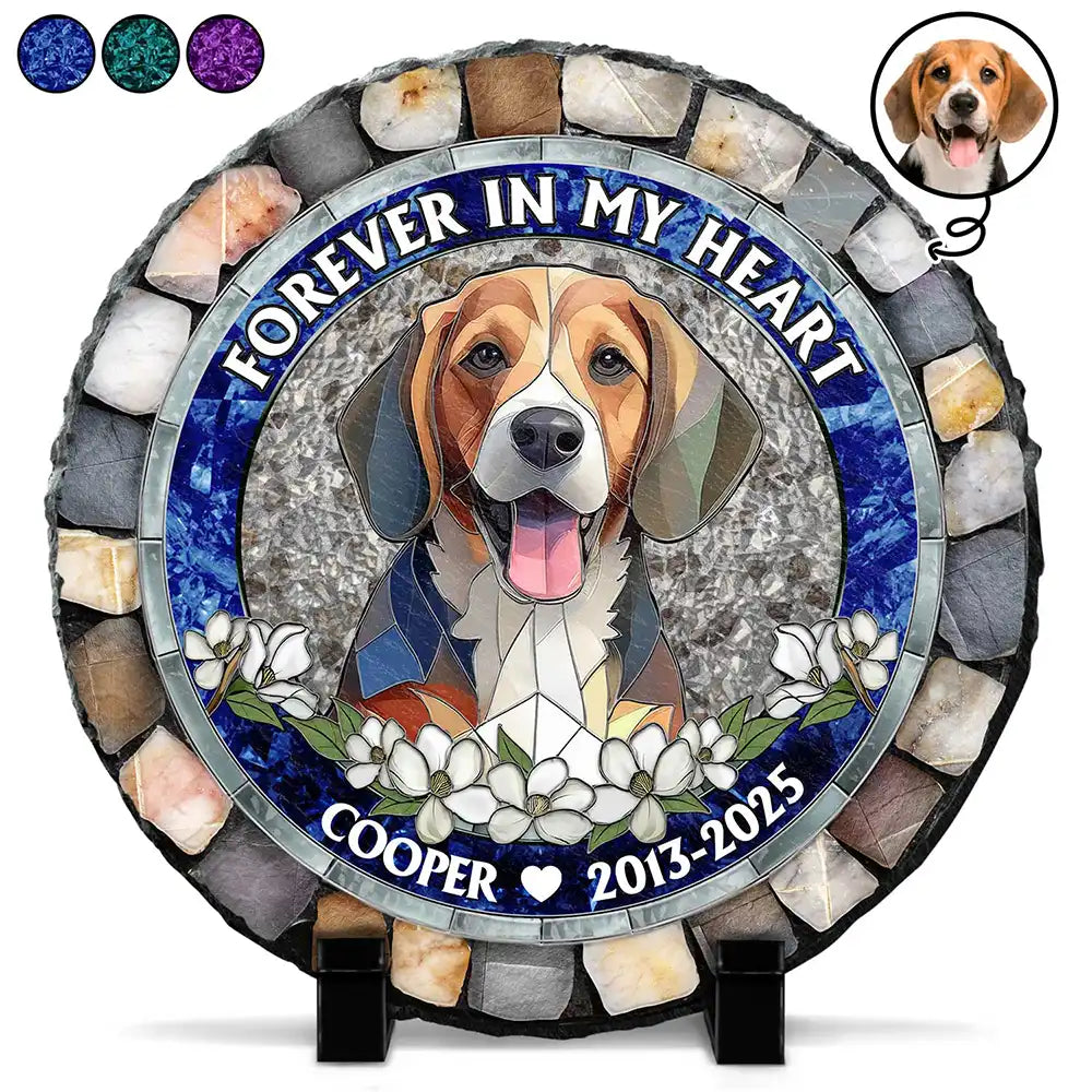Custom Photo Mosaic Portrait Forever In My Heart - 3D Stained Glass Effect Printed, Personalized Circle Memorial Garden Stone