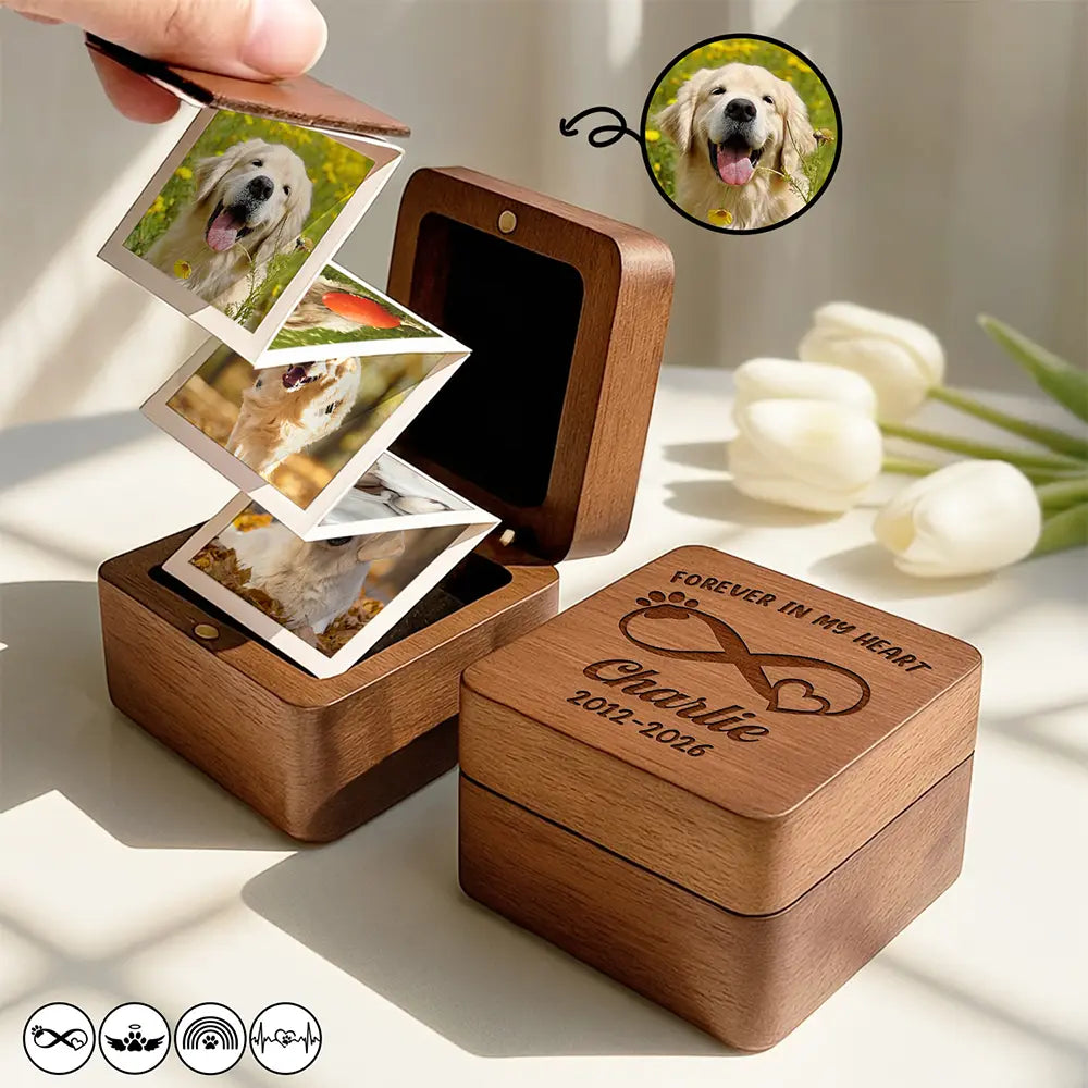 Pet Lovers,Pet Mom,Pet Dad,Pet Couple,Dog Lovers,Dog Mom,Dog Dad,Dog Couple,Cat Lovers,Cat Mom,Cat Dad,Cat Couple,Memorial,Sad - Custom Photo Forever In My Heart - Personalized Wooden Accordion Photo Box