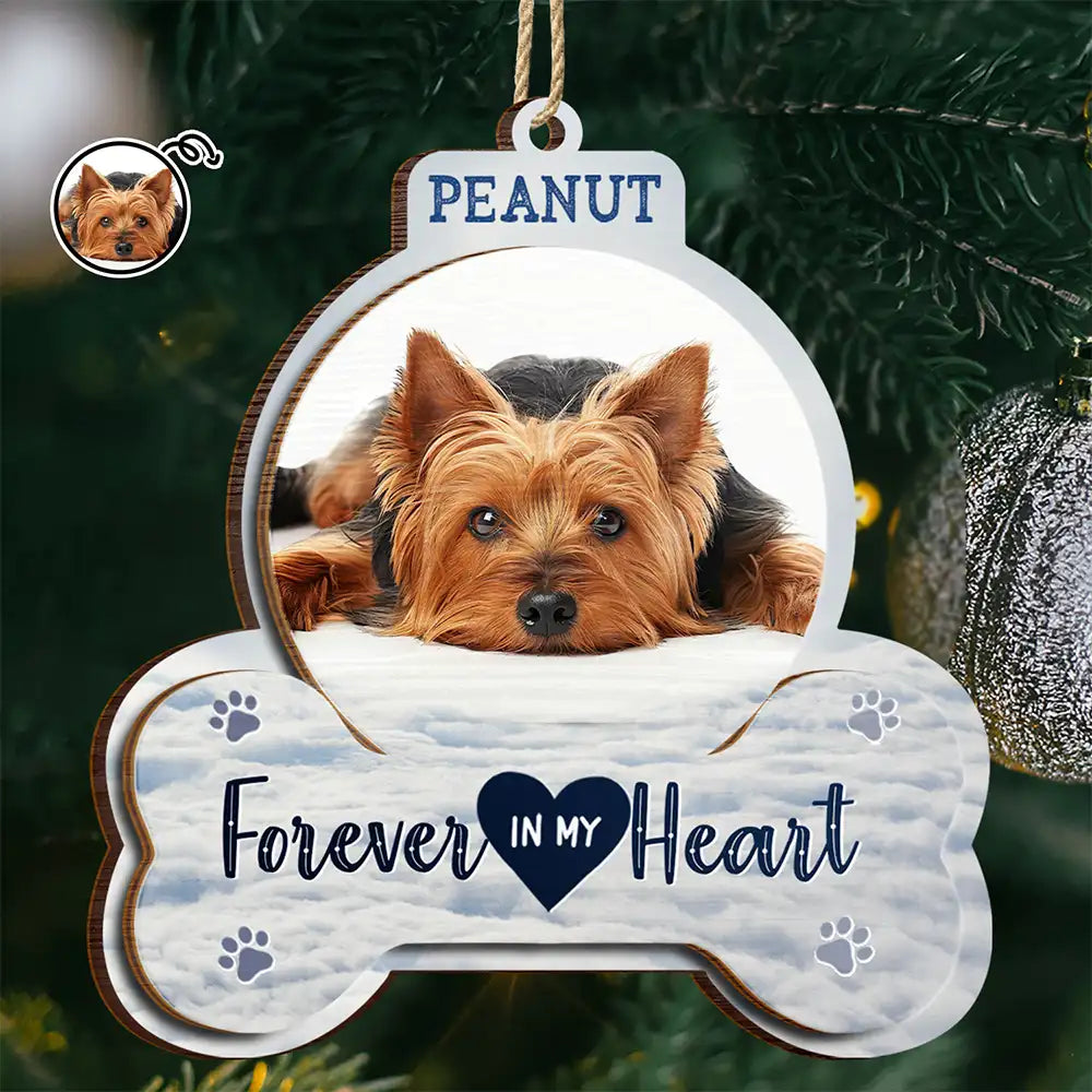 Sentimental,Christmas,Custom Photo,Pet Lovers,Memorial,Upload Full Photo - Custom Photo Forever In My Heart Pet Memorial - Personalized 2-Layered Wooden Ornament