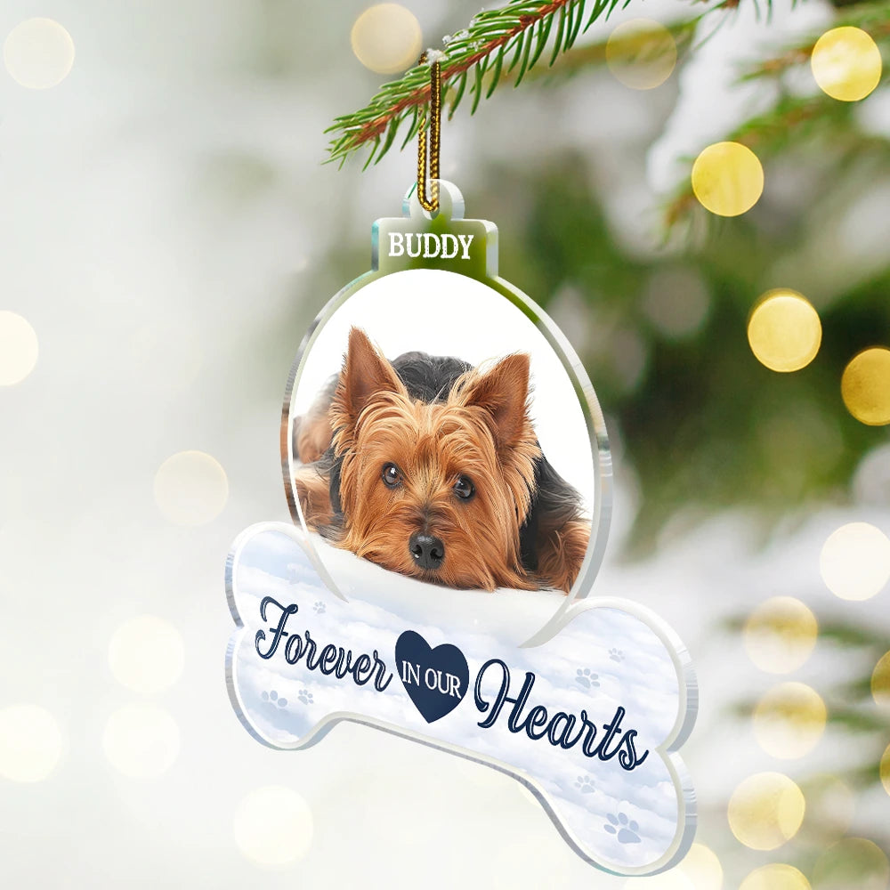 Christmas,Dog Lovers,Sad,Memorial,Custom Photo - Custom Photo Forever In Our Hearts - Personalized Custom Shaped Acrylic Ornament