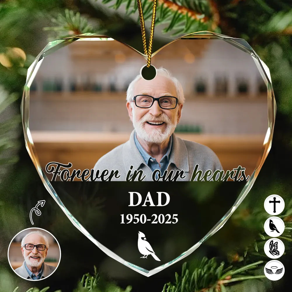 Custom Photo Forever In Our Hearts - Personalized Heart Shaped Glass Ornament
