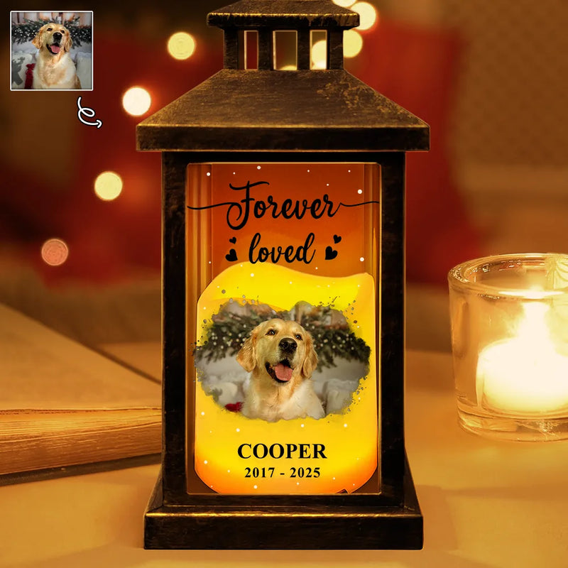 Pet Lovers,Cat Lovers,Dog Lovers,Sad,Memorial - Custom Photo Forever Loved Memorial Dog Cat Family - Personalized LED Candle Lantern