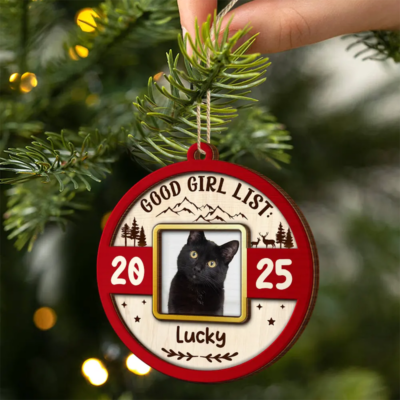 Pet Lovers,Pet Mom,Pet Dad,Dog Lovers,Dog Mom,Dog Dad,Cat Lovers,Cat Mom,Cat Dad,Christmas,Love - Custom Photo Frame First Christmas Dog Cat - Personalized 2-Layered Wooden Ornament