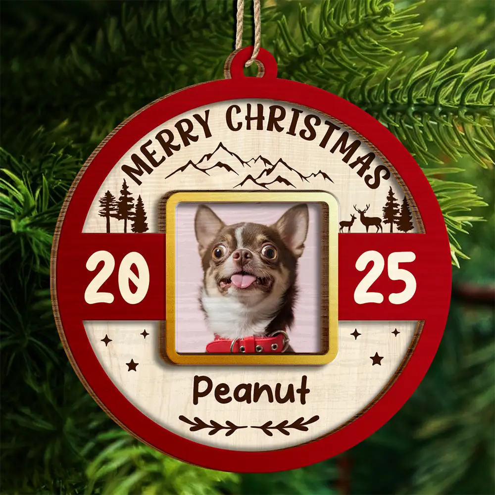 Pet Lovers,Pet Mom,Pet Dad,Dog Lovers,Dog Mom,Dog Dad,Cat Lovers,Cat Mom,Cat Dad,Christmas,Love - Custom Photo Frame First Christmas Dog Cat - Personalized 2-Layered Wooden Ornament