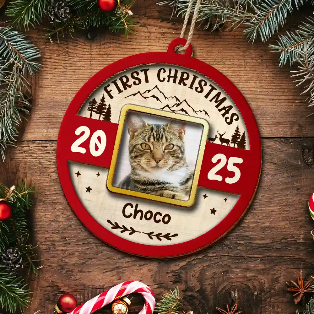 Pet Lovers,Pet Mom,Pet Dad,Dog Lovers,Dog Mom,Dog Dad,Cat Lovers,Cat Mom,Cat Dad,Christmas,Love - Custom Photo Frame First Christmas Dog Cat - Personalized 2-Layered Wooden Ornament