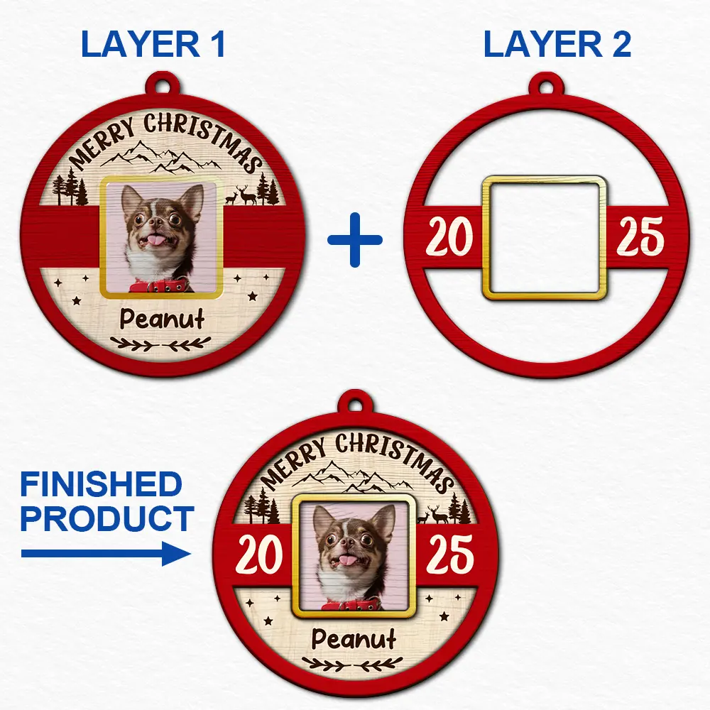 Pet Lovers,Pet Mom,Pet Dad,Dog Lovers,Dog Mom,Dog Dad,Cat Lovers,Cat Mom,Cat Dad,Christmas,Love - Custom Photo Frame First Christmas Dog Cat - Personalized 2-Layered Wooden Ornament