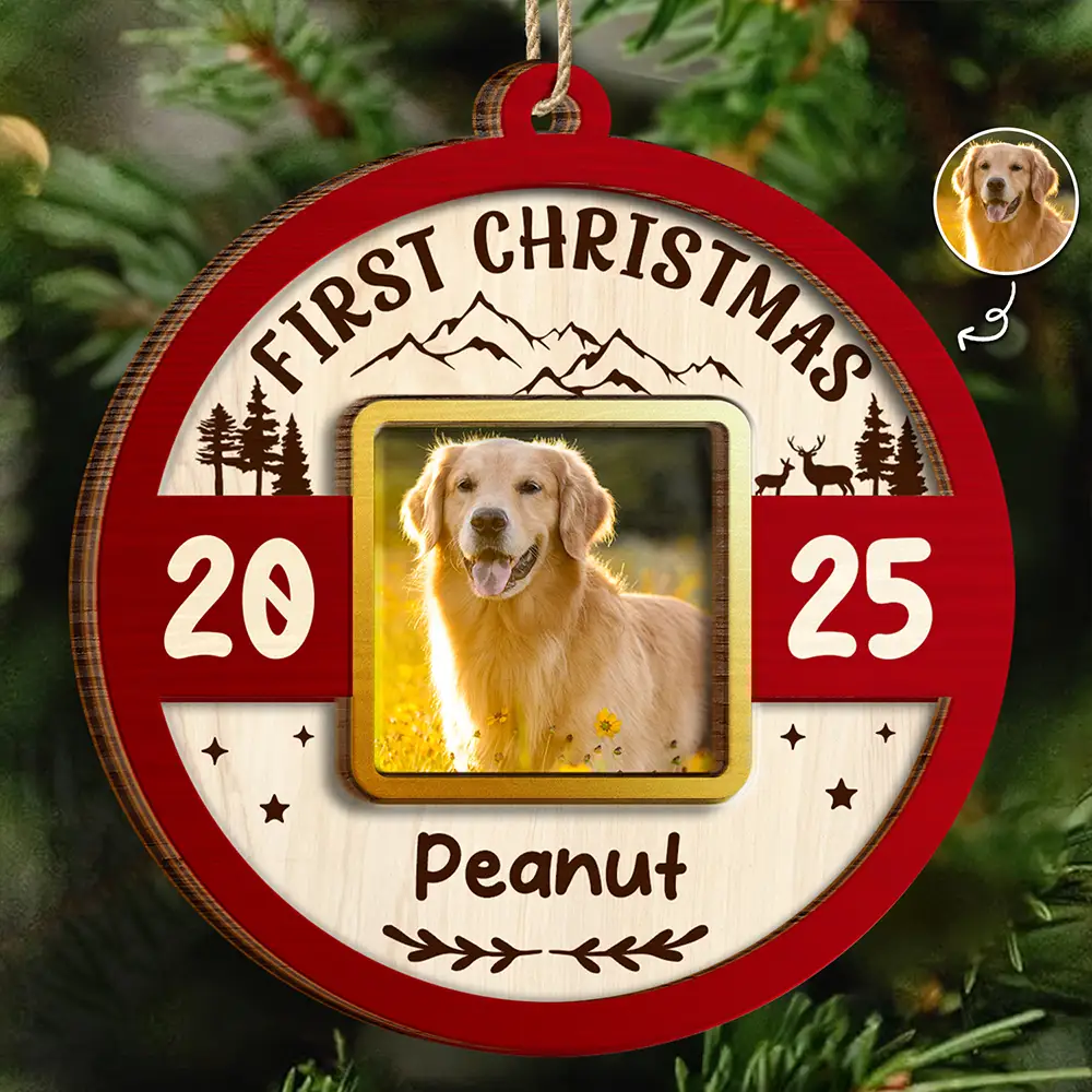 Custom Photo Frame First Christmas Dog Cat - Personalized 2-Layered Wooden Ornament