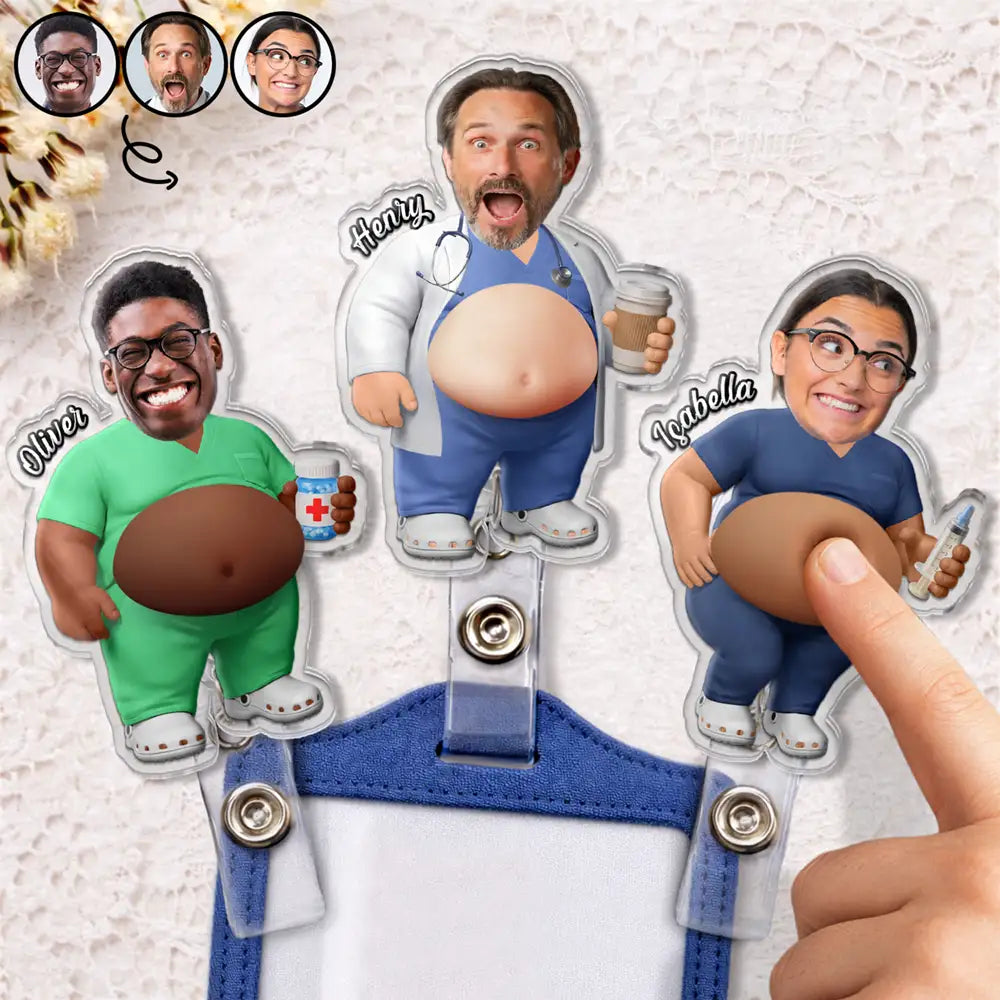 Humorous,Nurse,Custom Photo,Cut-Face Photo - Custom Photo Funny Belly Healthcare Heroes - Personalized Squishy Badge Reel