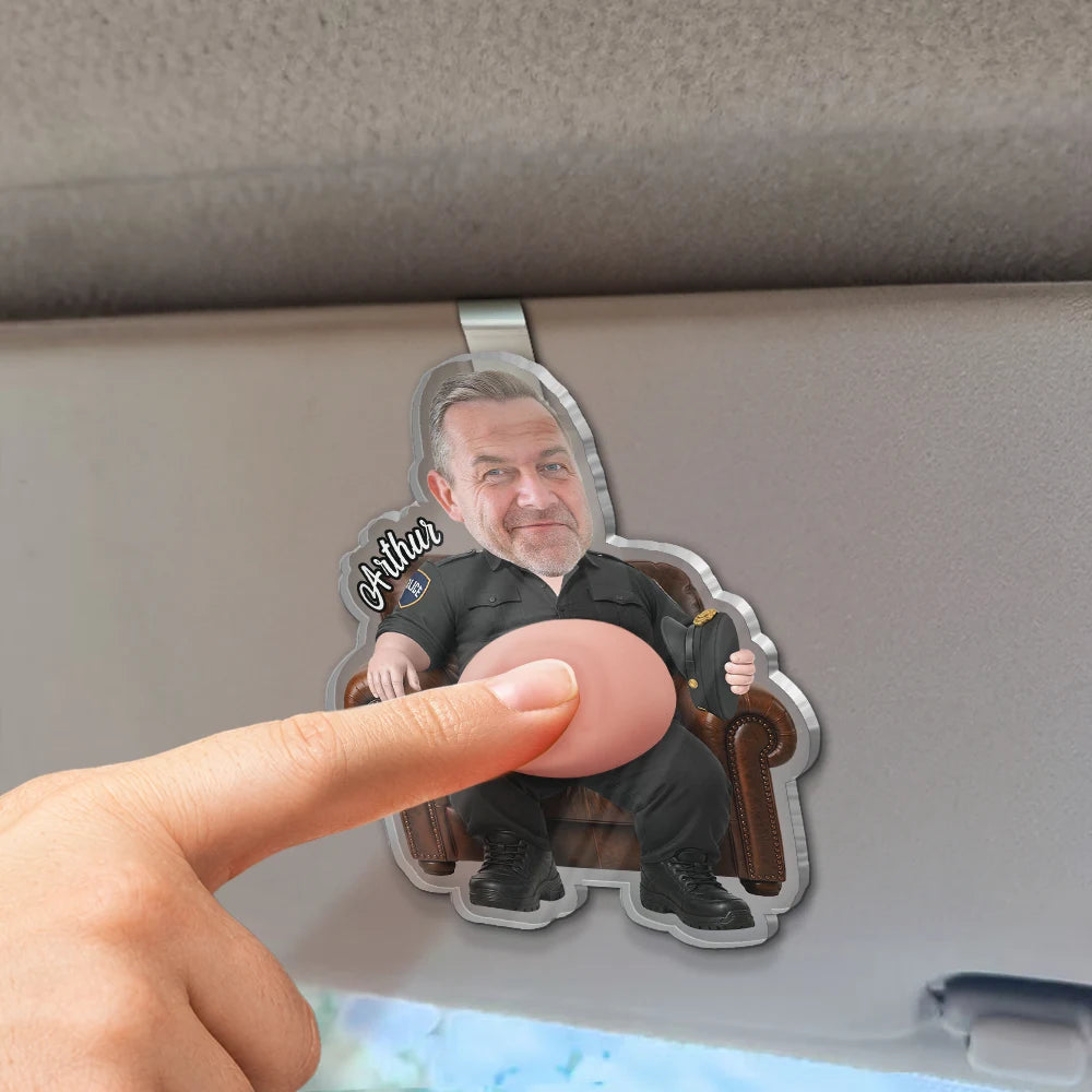 Humorous,Officer,Custom Photo,Cut-Face Photo - Custom Photo Funny Belly Police Officer On Duty - Personalized Squishy Acrylic Car Visor Clip