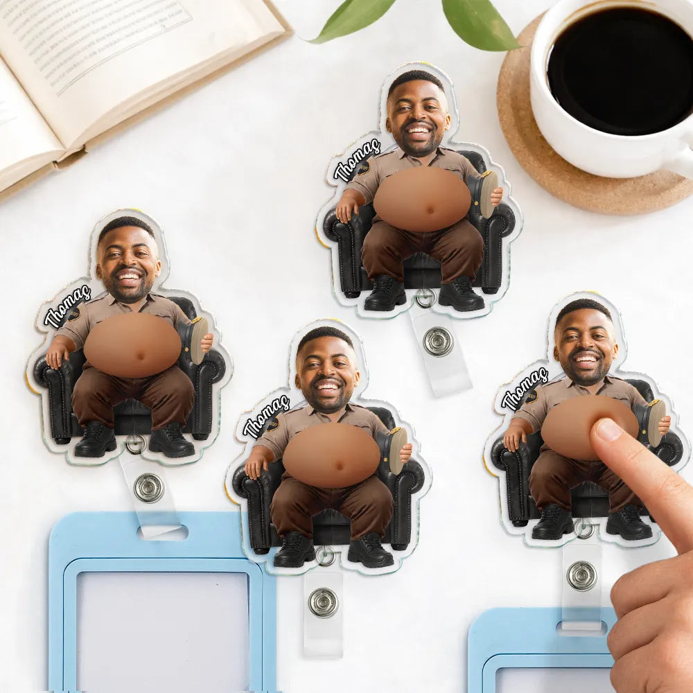 Humorous,Officer,Custom Photo,Cut-Face Photo - Custom Photo Funny Belly Police Officer On Duty - Personalized Squishy Badge Reel