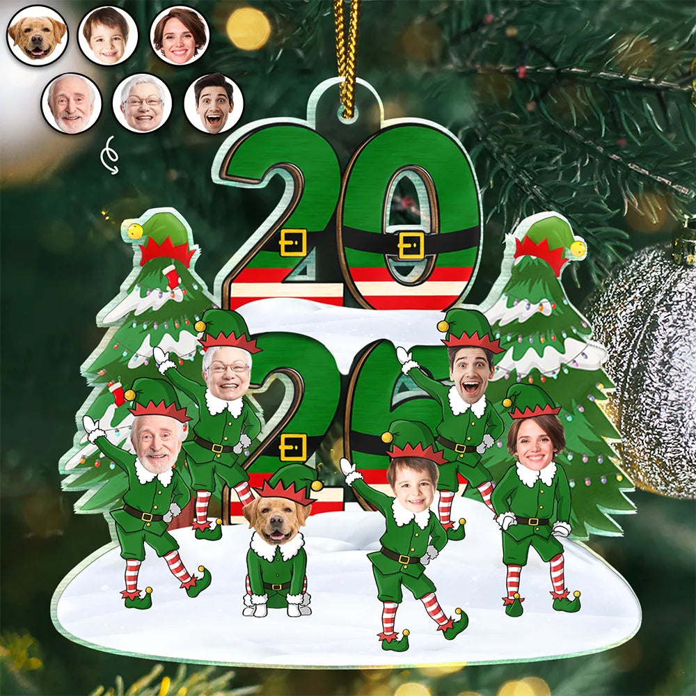 Family,Parents,Gift For Grandparents,Gift For Kids,Gift For Grandkids,Pet Lovers,Dog Lovers,Christmas,Custom Photo - Custom Photo Funny Christmas Elf Family Face Cut - Personalized Custom Shaped Acrylic Ornament