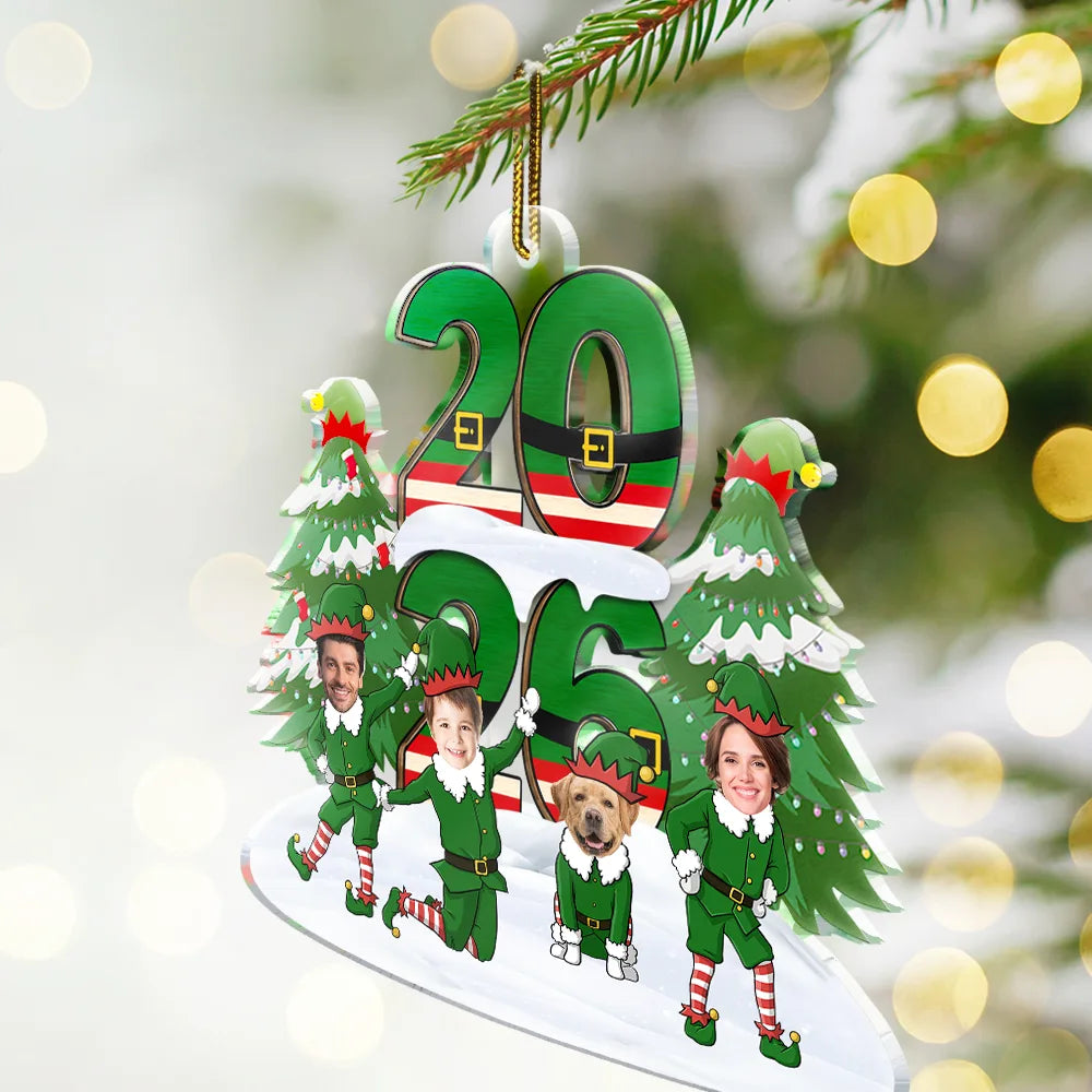 Family,Parents,Gift For Grandparents,Gift For Kids,Gift For Grandkids,Pet Lovers,Dog Lovers,Christmas,Custom Photo - Custom Photo Funny Christmas Elf Family Face Cut - Personalized Custom Shaped Acrylic Ornament