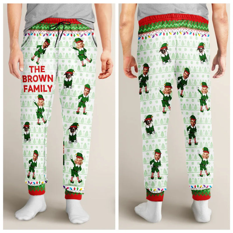 Family,Parents,Gift For Grandparents,Gift For Kids,Gift For Grandkids,Pet Lovers,Dog Lovers,Christmas,Custom Photo - Custom Photo Funny Christmas Elf Family Face Cut - Personalized Pajama Pants