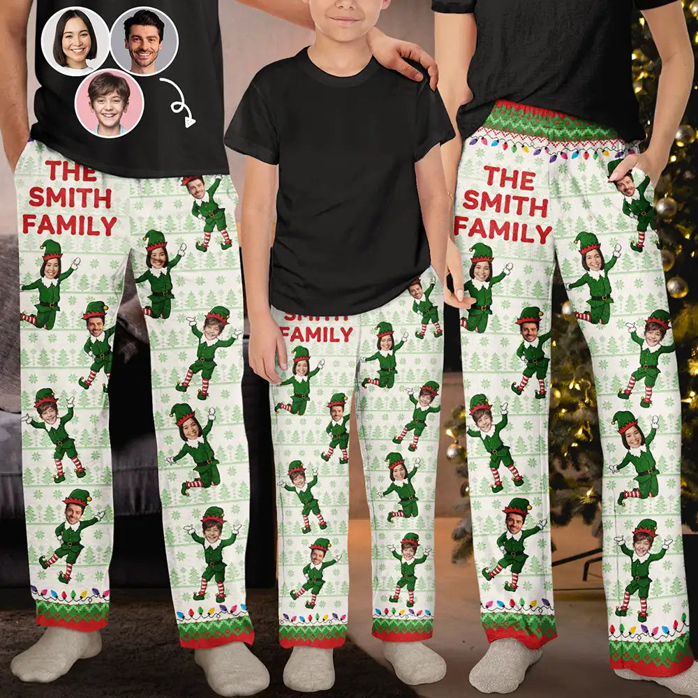 Custom Photo Funny Christmas Elf Family Face Cut - Personalized Pajama Pants