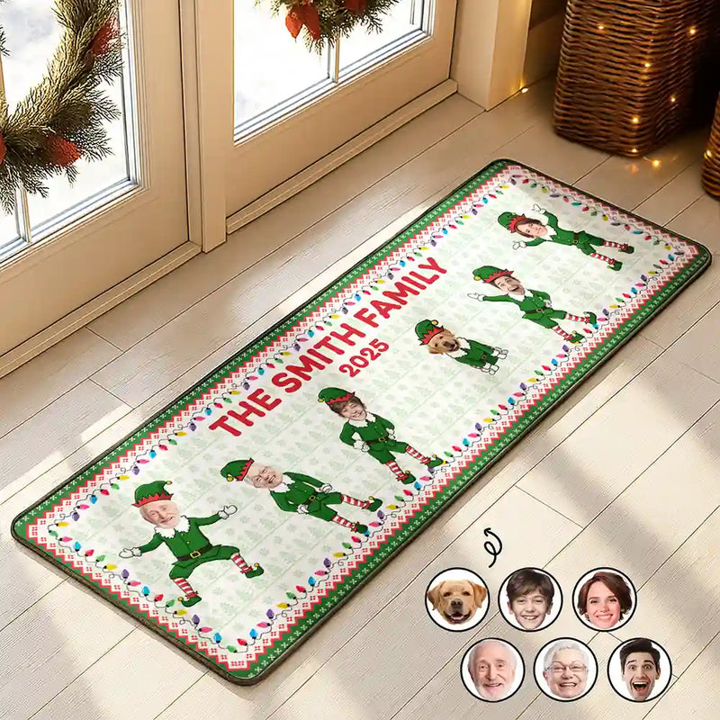 Family,Parents,Gift For Grandparents,Gift For Kids,Gift For Grandkids,Pet Lovers,Dog Lovers,Christmas,Custom Photo - Custom Photo Funny Christmas Elf Family Face Cut - Personalized Runner Rug