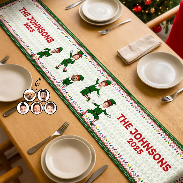 Family, Parents, Gift For Grandparents, Happy, Christmas - Custom Photo Funny Christmas Elf Family Face Cut - Personalized Table Runner