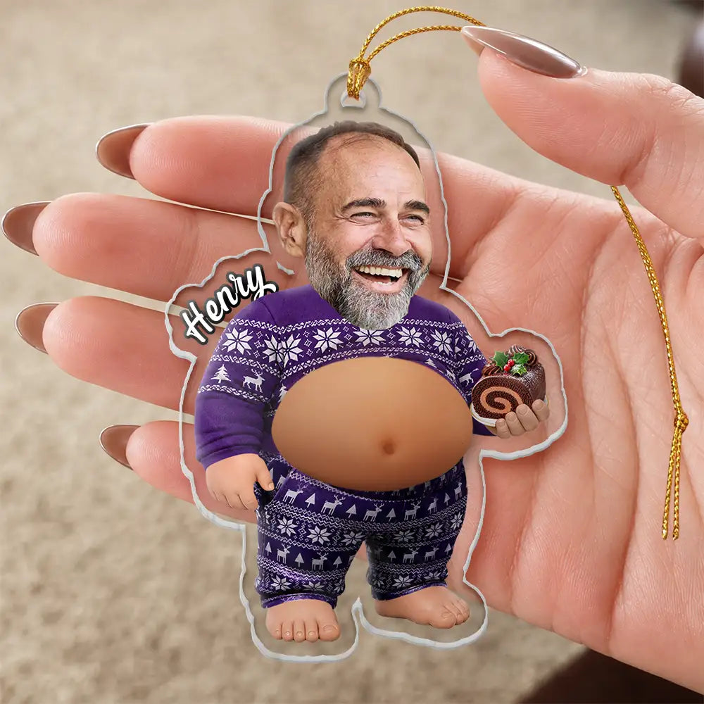Christmas,Humorous,Gift For Men,Custom Photo,Gift For Yourself,Cut-Face Photo - Custom Photo Funny Dad Bod Belly For Him Dad Husband - Personalized Squishy Acrylic Ornament