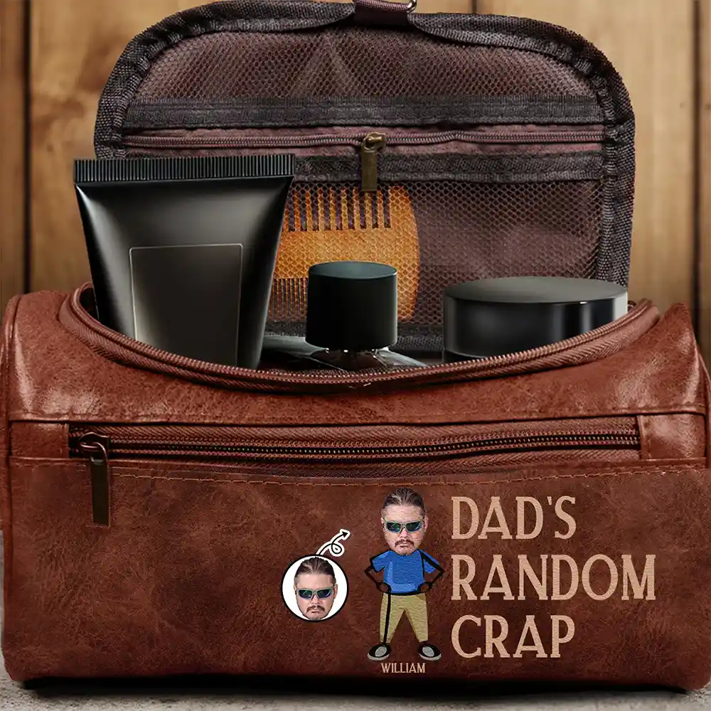 Custom Photo Funny Dad Papa Uncle Random Thing - Personalized Leather Toiletry Bag