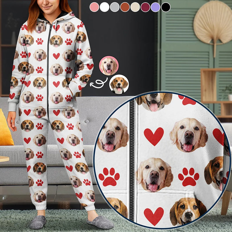Cat Lovers, Pet Lovers, Dog Lovers, Dog Mom, Dog Dad, Cat Mom, Cat Dad, Happy - Custom Photo Funny Dog Cat Pet - Personalized Overall Onesie Hooded Jumpsuit